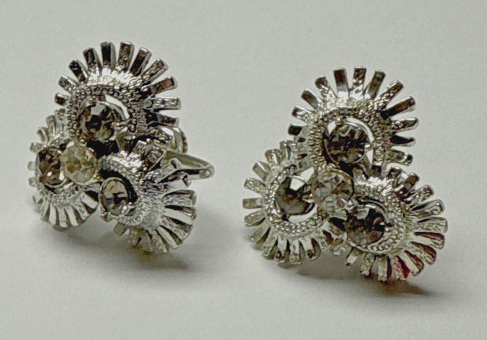 Vtg Coro Earrings Clip On Atomic Sunburst Rhinestone Flower Silver Tone As Is